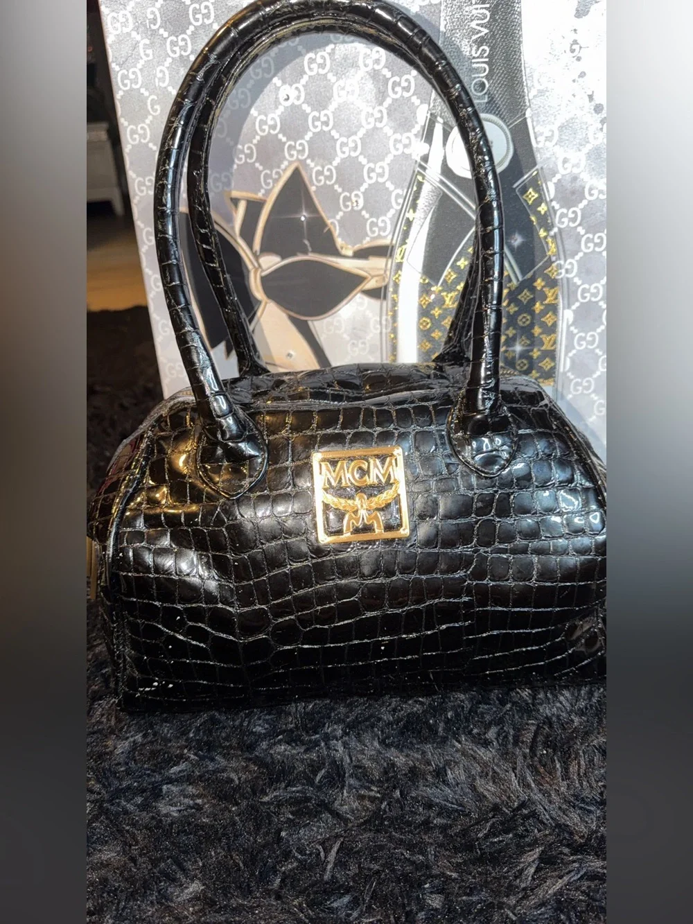 MCM Black Croc-Embossed Leather Satchel with Gold Logo Plaque
